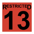 The word restricted, above the number thirteen, in black, inside a red-filled square.