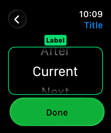 An illustration representing a screen containing a picker view on Apple Watch, showing three items in a list. The center item is highlighted.