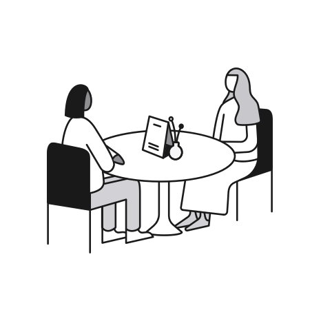 An illustration of two people sitting at a restaurant table done in a simple, abstract style. The illustration has a light background and its details are clearly visible.