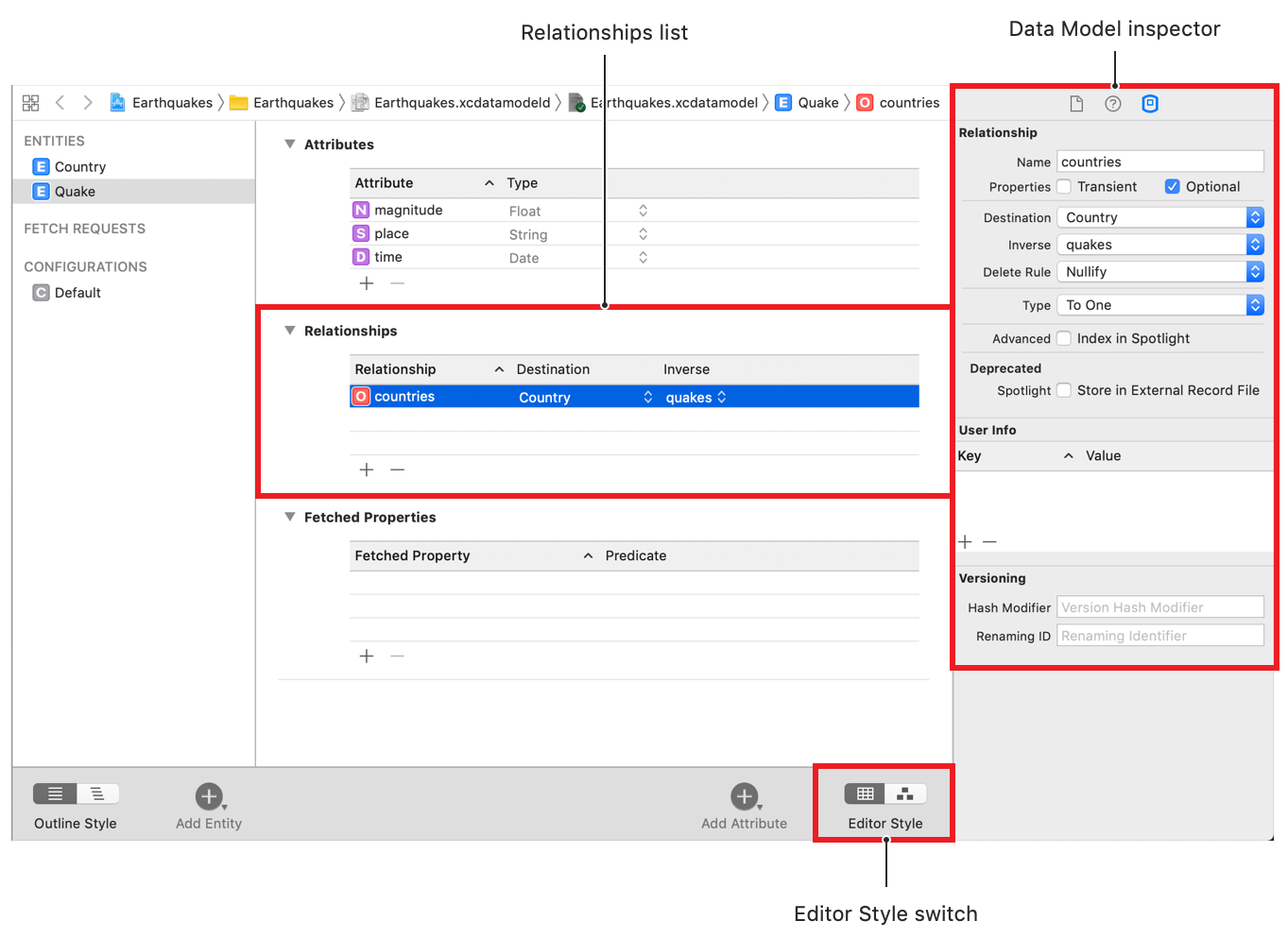 Screenshot showing the table editor style with the Quake entity's countries relationship selected in the Relationships list, and the Data Model inspector open at right.