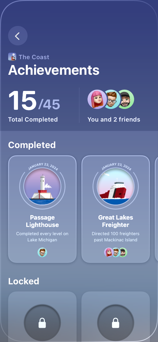 An iPhone screenshot of the game The Coast with the Game Overlay open, showing the Achievements overview screen.