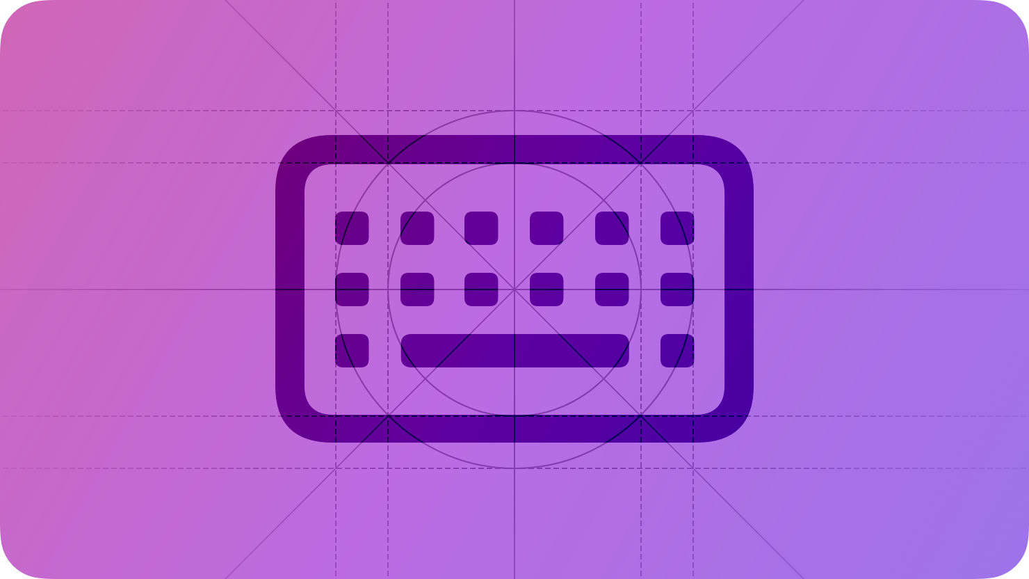 A sketch of a keyboard, suggesting keyboard input. The image is overlaid with rectangular and circular grid lines and is tinted purple to subtly reflect the purple in the original six-color Apple logo.