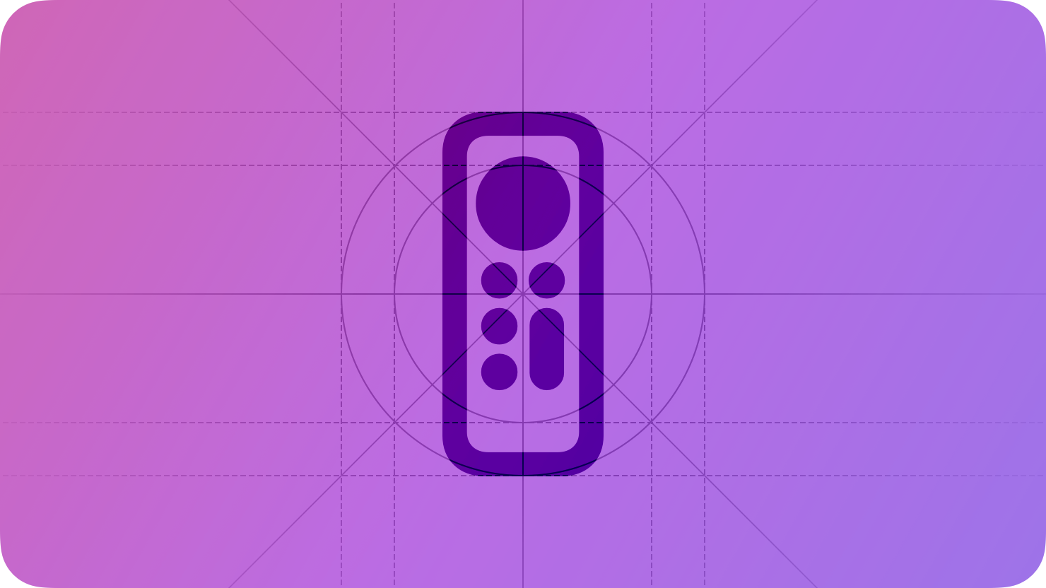 A sketch of an Apple TV remote, suggesting interaction with onscreen content. The image is overlaid with rectangular and circular grid lines and is tinted purple to subtly reflect the purple in the original six-color Apple logo.