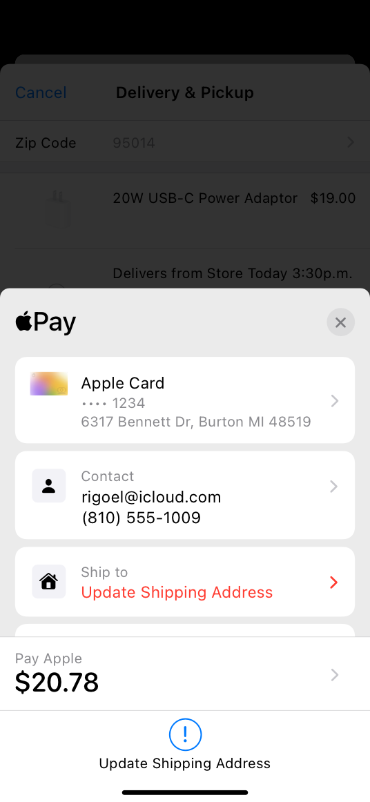 A screenshot of an in-app Apple Pay payment sheet on iPhone that shows an error with the shipping address.