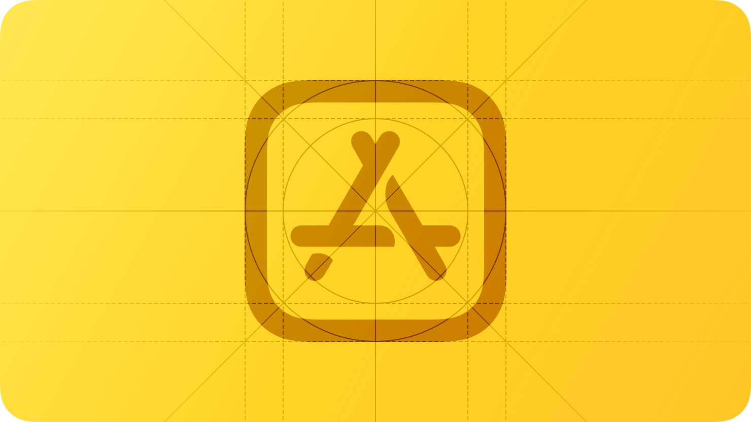 A sketch of the App Store icon. The image is overlaid with rectangular and circular grid lines and is tinted yellow to subtly reflect the yellow in the original six-color Apple logo.