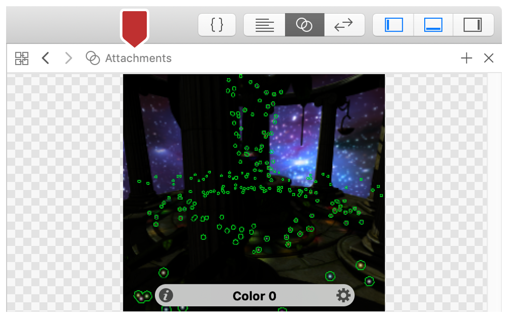 Screenshot the assistant editor. At top, the attachments option in the assistant editor breadcrumb is marked by a callout. At bottom, the attachment for the selected draw is displayed.