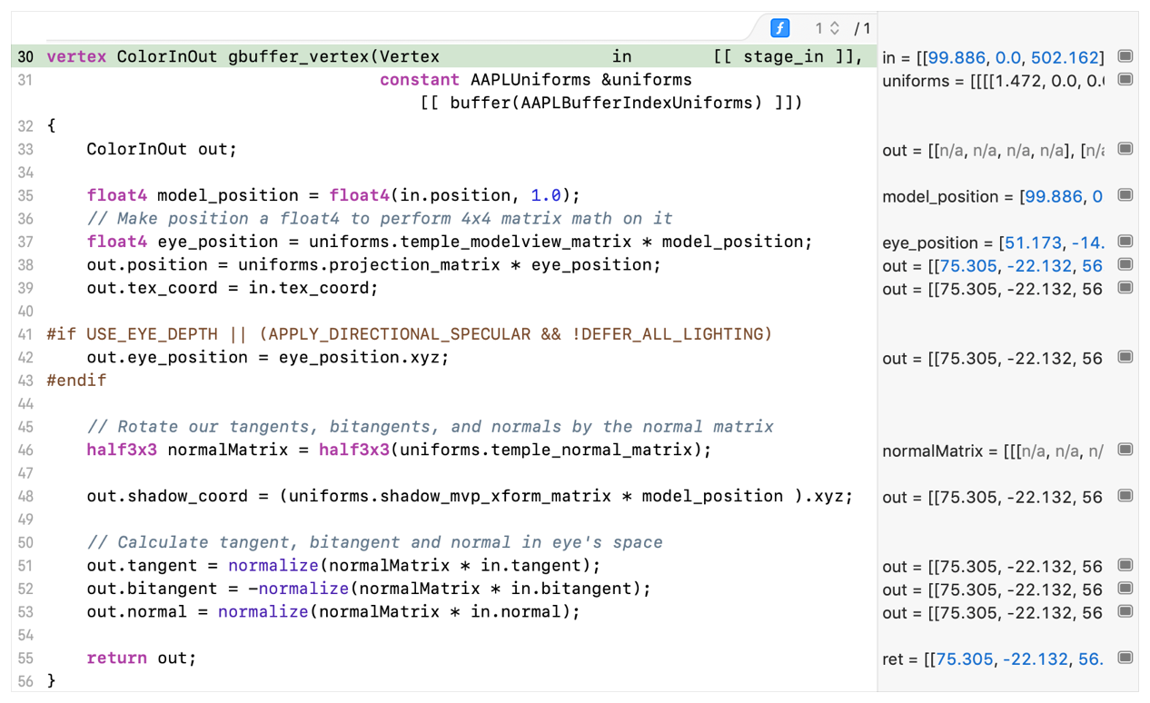 Screenshot of Xcode's source code view populated with a vertex shader.