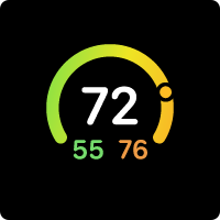 The number seventy-two in white text, surrounded by a partial circle that begins at about the 8:00 position and ends at about the 4:00 position. The partial circle’s outline shades from green at the 8:00 position to yellow the 4:00 position. Two numbers appear side by side at about the 6:00 position. Fifty-five appears in green text on the left and seventy-six appears in orange text on the right.