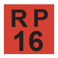The phrase R P, above the number sixteen, in black, inside a red-filled square.