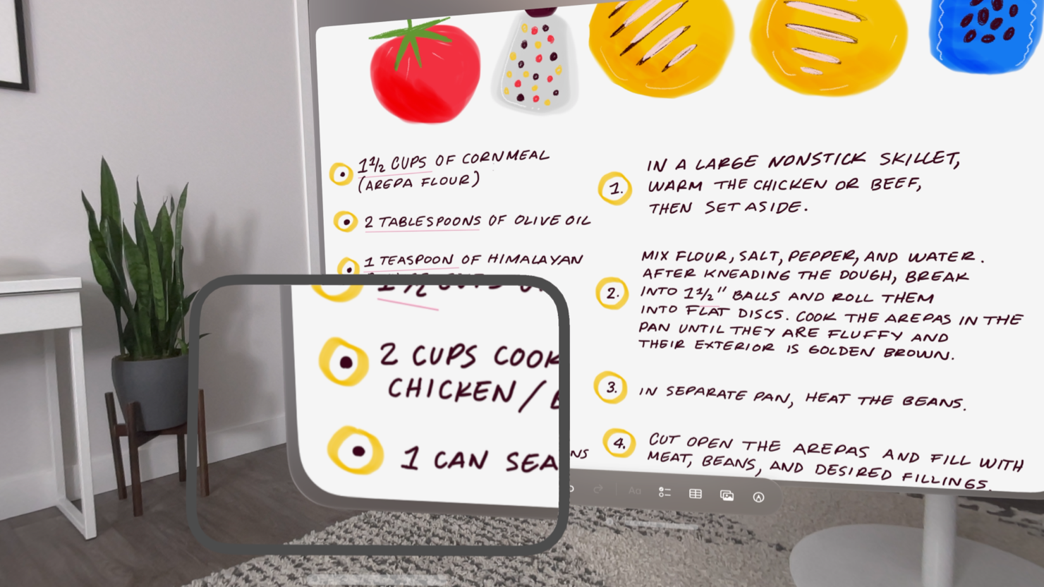 A screenshot of an app's window in visionOS. A zoom lens is visible above a portion of the window, and displays a zoomed-in version of the content beneath the lens.