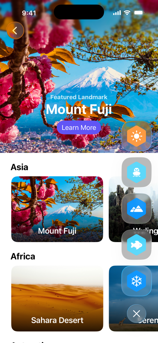 An image of the landmarks view on an iPhone, with the badges view visible over some landmarks.