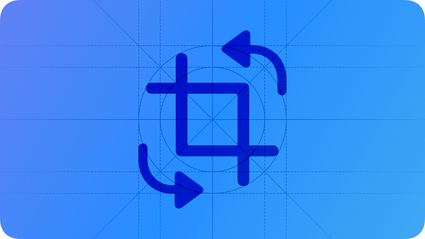 A sketch of crop marks surrounded by two arrows, suggesting photo editing. The image is overlaid with rectangular and circular grid lines and is tinted blue to subtly reflect the blue in the original six-color Apple logo.