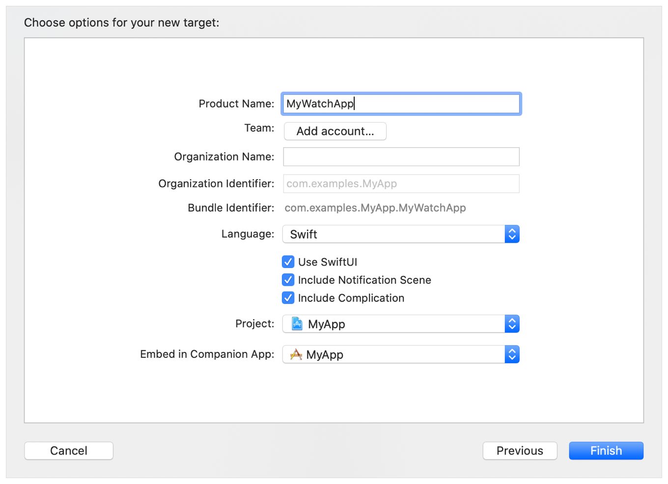 A screenshot showing the new target sheet with the Project Name set and the Include Notification Scene and Include Complication check boxes selected.