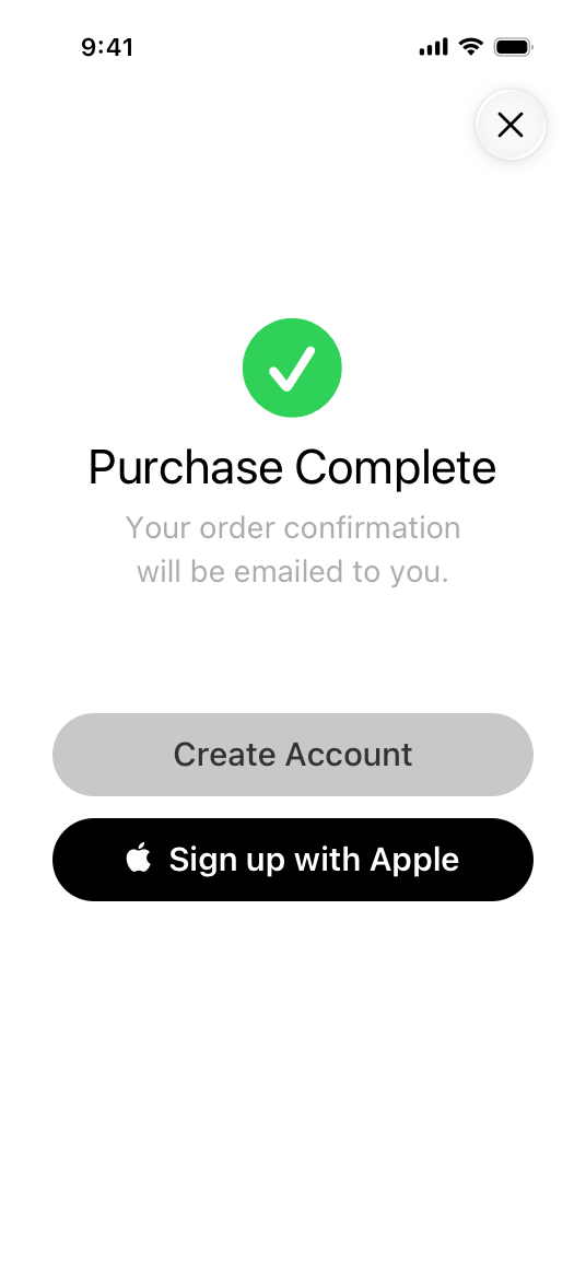 An illustration representing an order confirmation screen on iPhone. The screen includes buttons titled 'Create Account' and 'Sign up with Apple'.