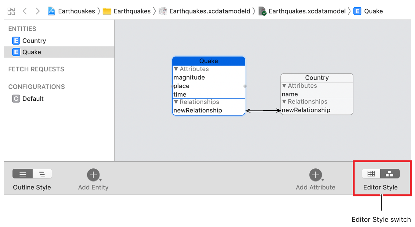 Screenshot showing Quake and Country entities depicted side-by-side using the graph editor style.