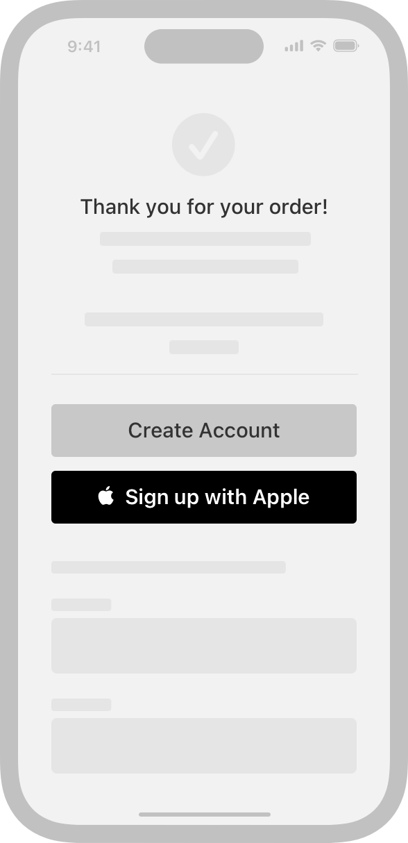 An illustration of an order confirmation screen on iPhone. The screen contains a button for creating an account and a button for signing up with Apple Pay.