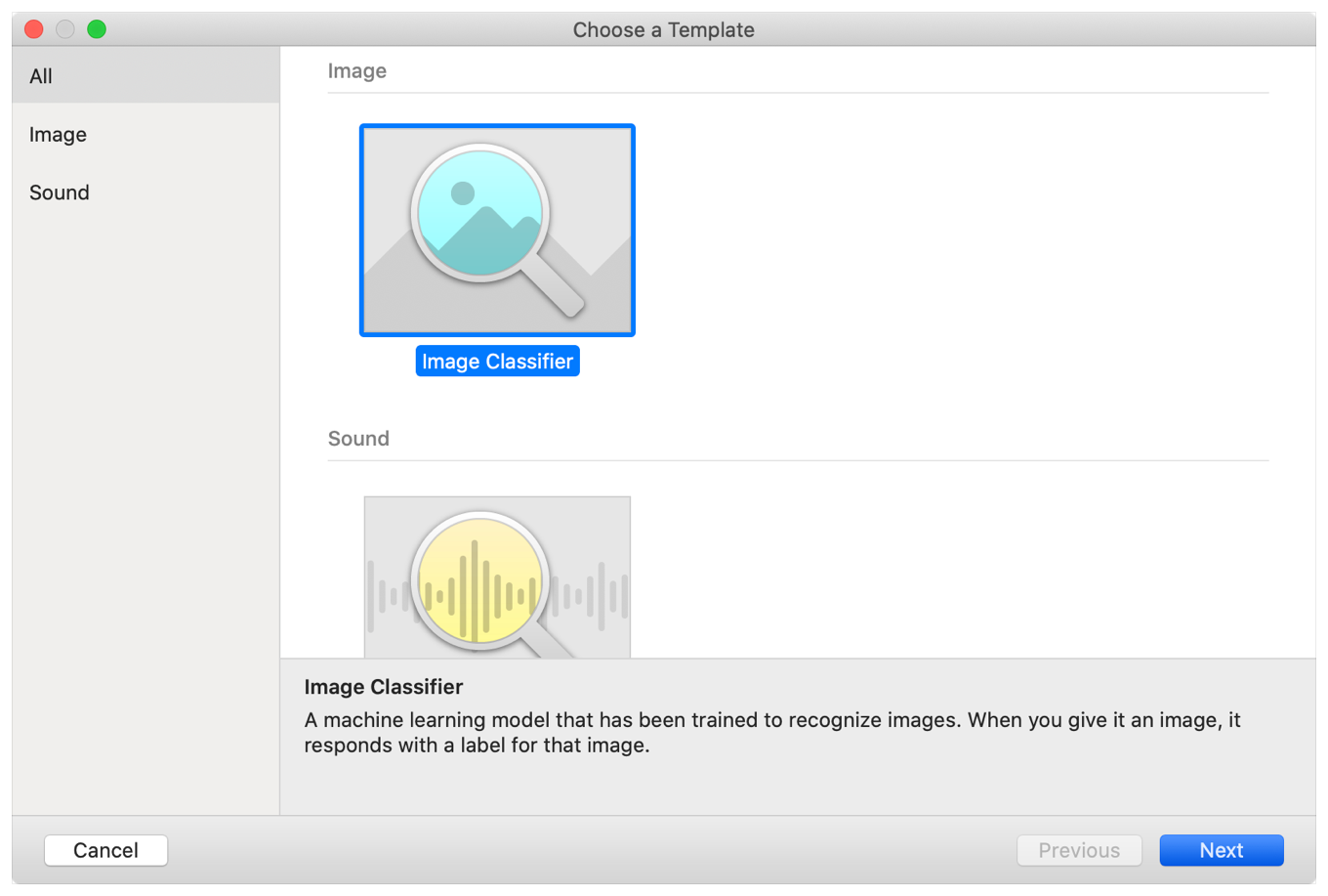 Screenshot of the Create ML project templates, with options for an Image Classifier, and a Sound Classifier.