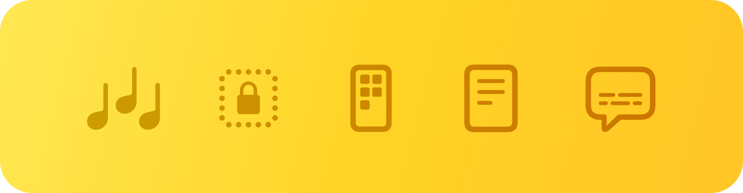 An illustration containing five symbols associated with the topic of cognition, including symbols representing music, security, and information hierarchy.