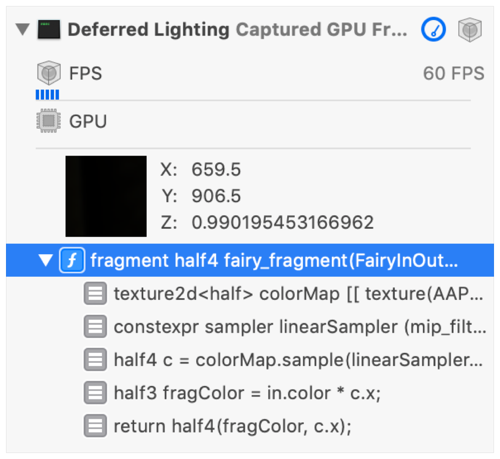 Screenshot of the call list with the fragment shader's entry point selected.