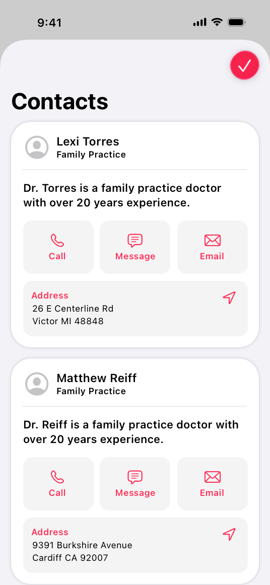 A screenshot of a CareKit app screen on iPhone that shows contact information for two doctors, including buttons for phone, message, email, and map directions.
