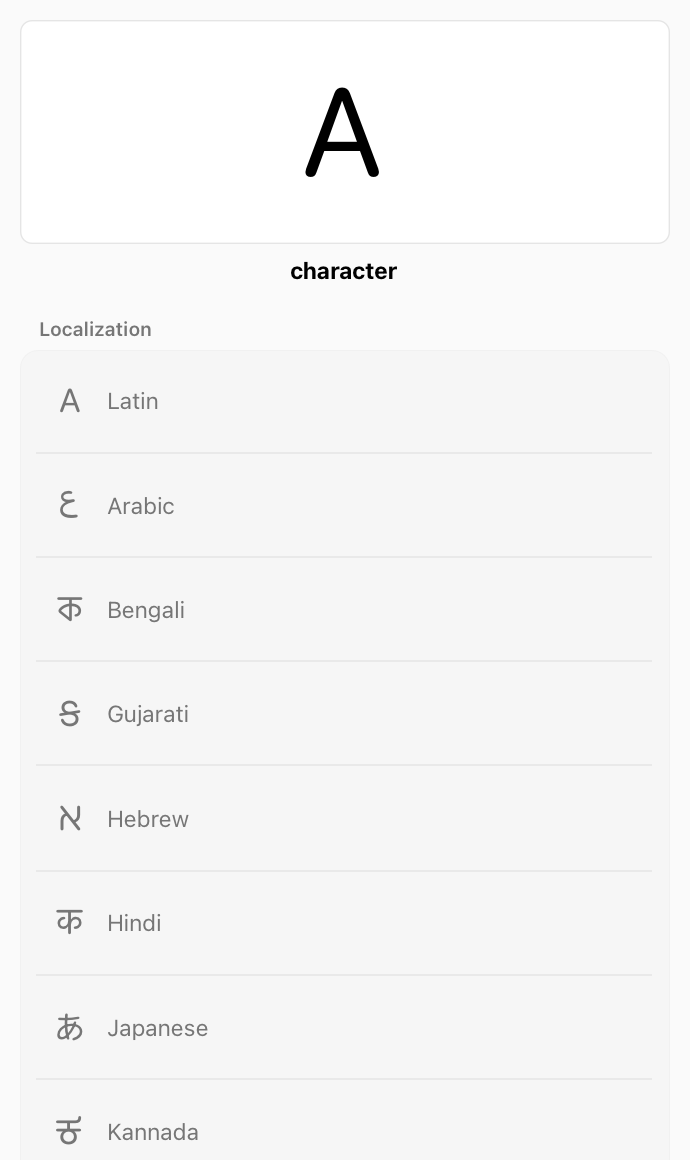 A partial screenshot of the SF Symbols app showing the info panel for the character symbol, which looks like the capital letter A. Below the image, the following eight localized versions of the symbol are listed: Latin, Arabic, Hebrew, Hindi, Japanese, Korean, Thai, and Chinese.