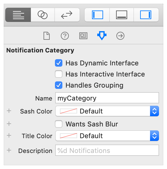 A screenshot showing the Notification Category’s attributes in the Attributes inspector, with Handles Grouping enabled.