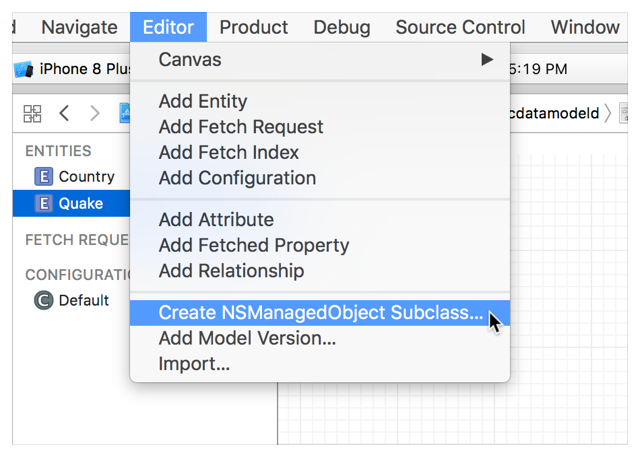 Screenshot of Editor > Create NSManagedObject Subclass menu.