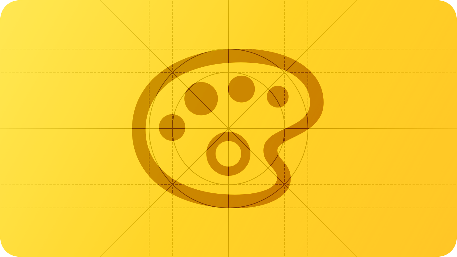 A sketch of a paint palette, suggesting the use of color. The image is overlaid with rectangular and circular grid lines and is tinted yellow to subtly reflect the yellow in the original six-color Apple logo.