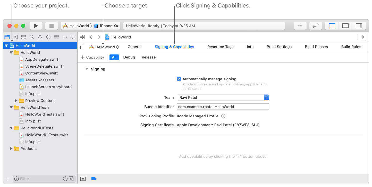 Screenshot showing the Signing & Capabilities pane, where you choose a project and target, and click to show the pane.