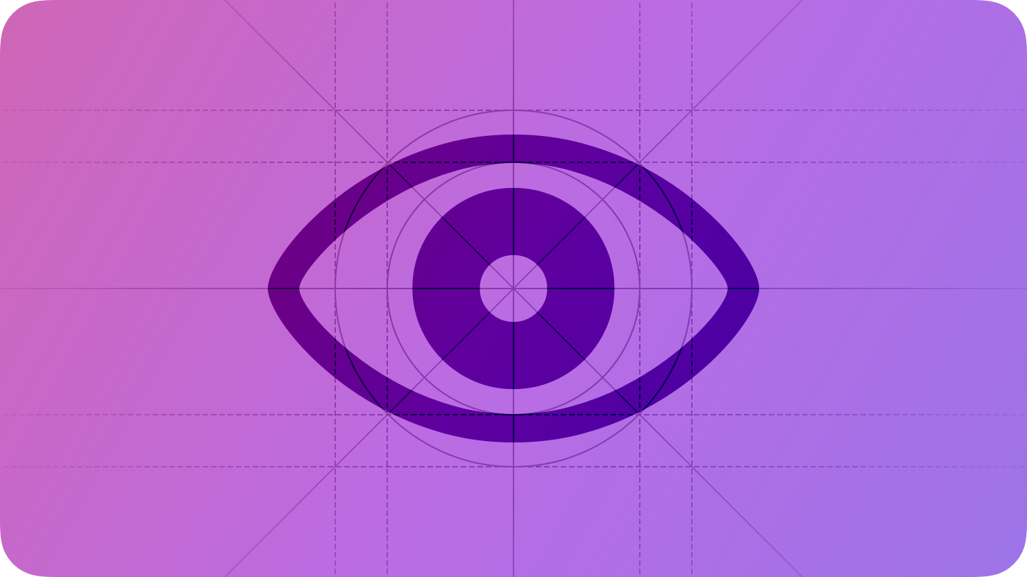A sketch of a human eye. The image is overlaid with rectangular and circular grid lines and is tinted purple to subtly reflect the purple in the original six-color Apple logo.