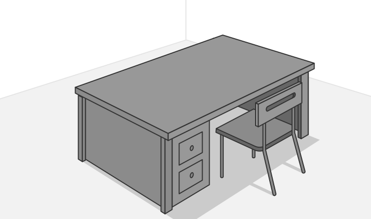An illustration showing a corner of a brightly lit office that contains a desk and chair.