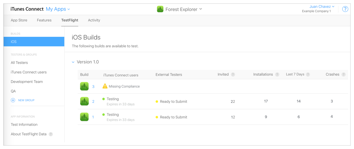 Screenshot of App Store Connect showing builds that were uploaded from Xcode.