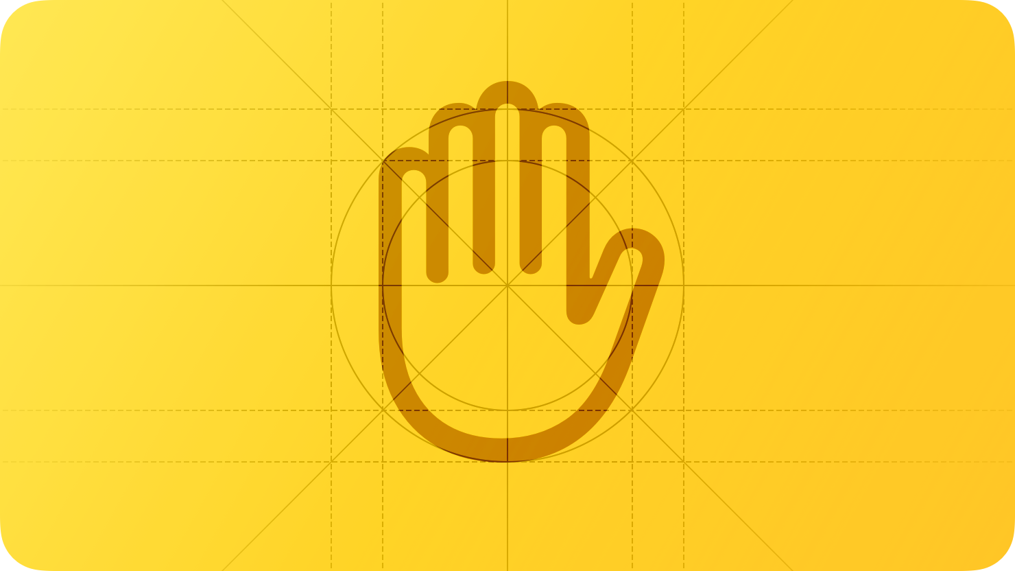 A sketch of an upright hand, suggesting protection. The image is overlaid with rectangular and circular grid lines and is tinted yellow to subtly reflect the yellow in the original six-color Apple logo.