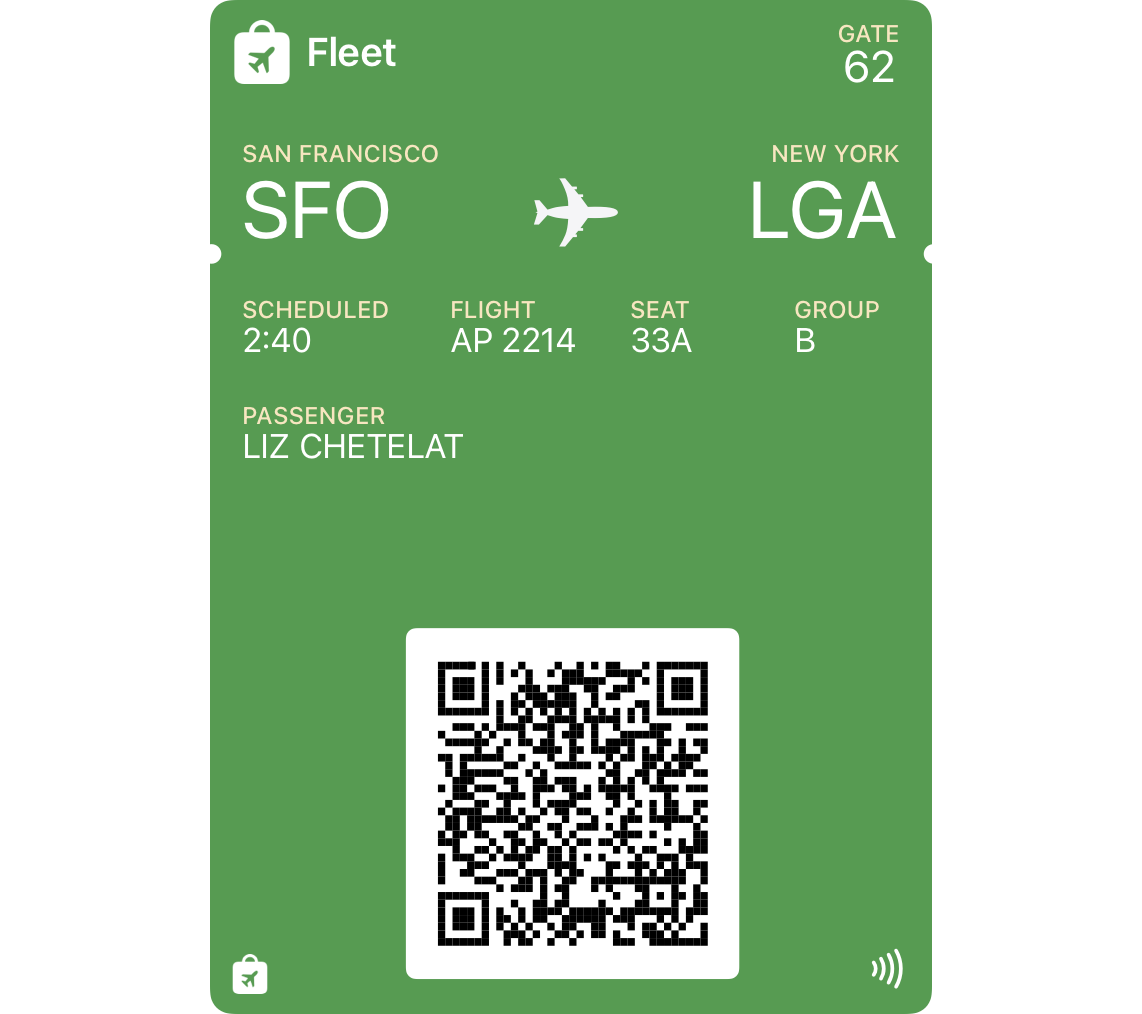 An illustration representing a boarding pass that includes a square QR code. The boarding pass is for a flight from SFO in San Francisco to LGA in New York.