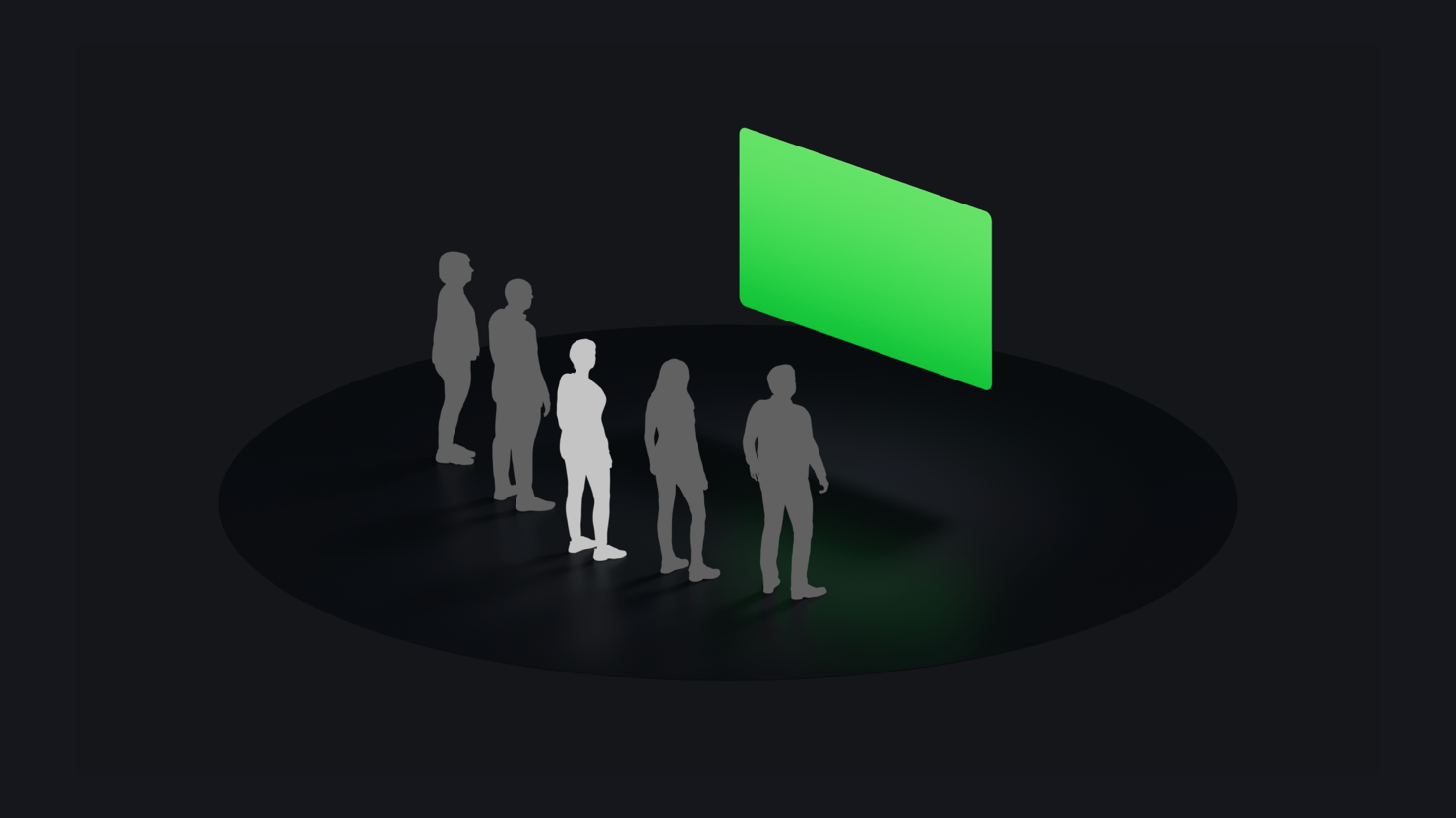 An illustration representing a side-by-side shared activity in visionOS. Participants are positioned next to one another and facing a shared screen.