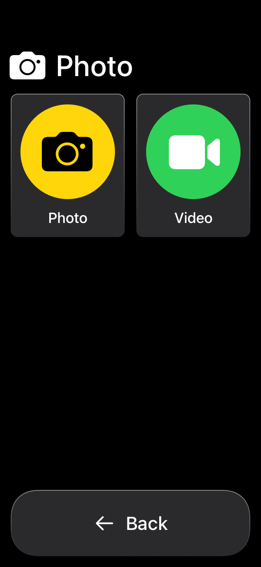 A screenshot of the Camera app in Assistive Access, showing an interface with three large buttons: Photo, Video, and Back.