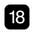 A white number eighteen, inside a black-filled square with rounded corners.