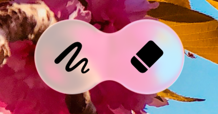 Two Image views representing a scribble symbol on the left, and an eraser symbol on the right. The views are close to each other, which causes the Liquid Glass effects to merge the views.