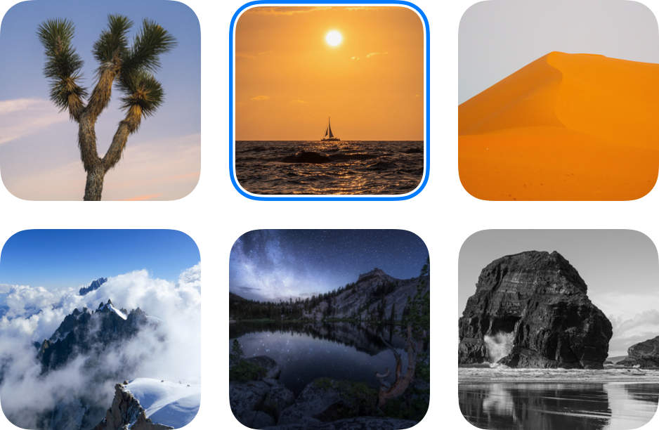 An illustration of a collection view of photos showing a rounded-rectangle halo effect that outlines the focused photo.