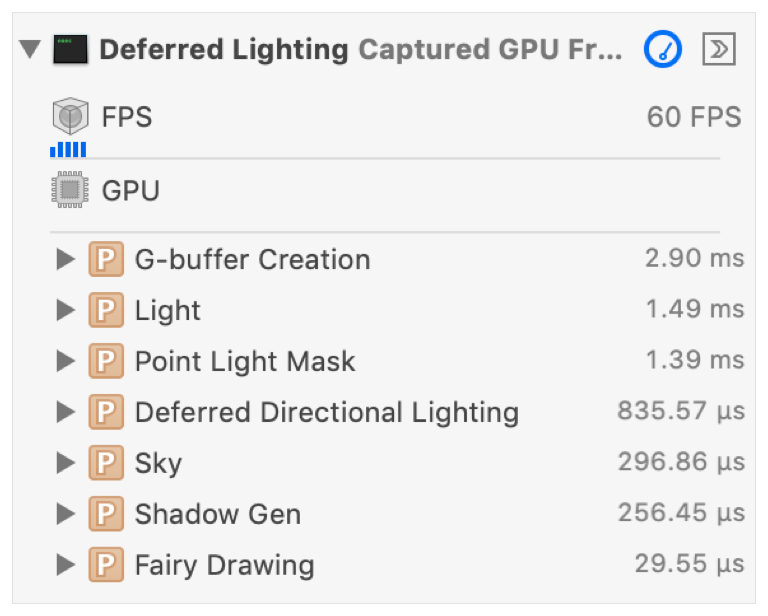 Screenshot of the Debug navigator populated with a captured frame viewed by performance.