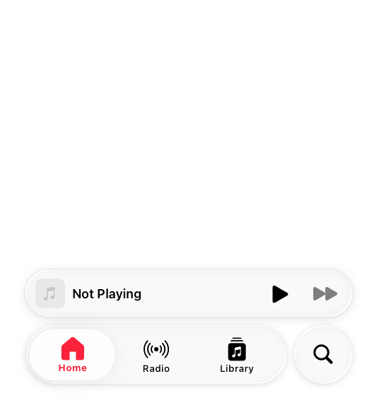 An illustration of the bottom half of an iPhone in portrait orientation, with the Music app open. The MiniPlayer is open above the tab bar at the bottom of the screen.