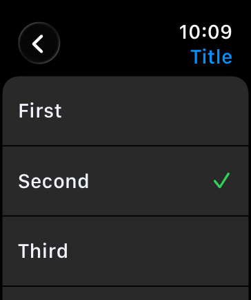 An illustration representing a screen showing a list of items on Apple Watch. The second item in the list is selected.