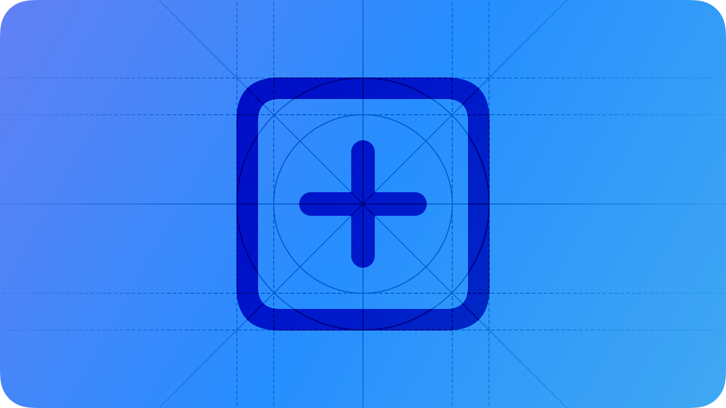 A sketch of an add button, suggesting the purchase of additional digital assets within an app. The image is overlaid with rectangular and circular grid lines and is tinted blue to subtly reflect the blue in the original six-color Apple logo.
