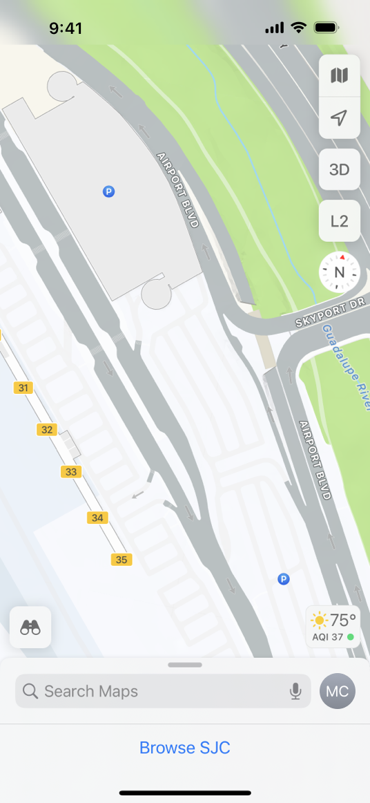 A screenshot of a map on iPhone, zoomed in to show the numbers and locations of some gates in a terminal at San Jose International airport. Other areas, including parking structures, are displayed without details. A minimized card containing a search field and a Browse SJC button is visible at the bottom of the screen.