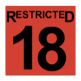 The word restricted, above the number eighteen, in black, inside a red-filled square.