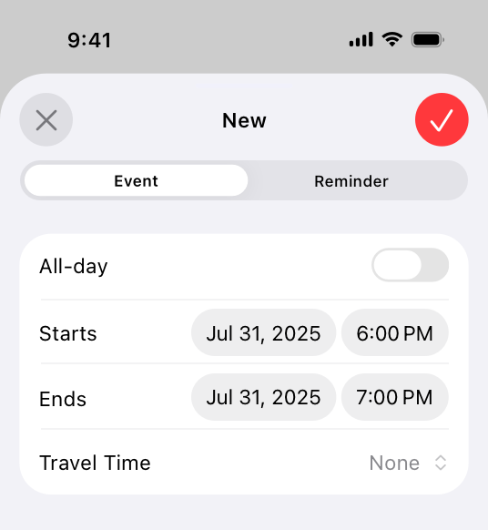 A screenshot of the top half of the iOS Calendar app, showing the New Event sheet. A segmented control provides the ability to switch between adding a new event and a new reminder.