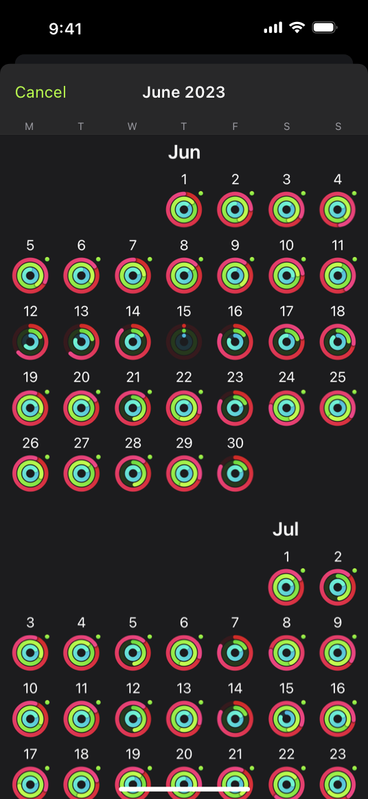 A screenshot of the Activity app's History screen on iPhone, which shows daily activity rings progress for June and part of July.