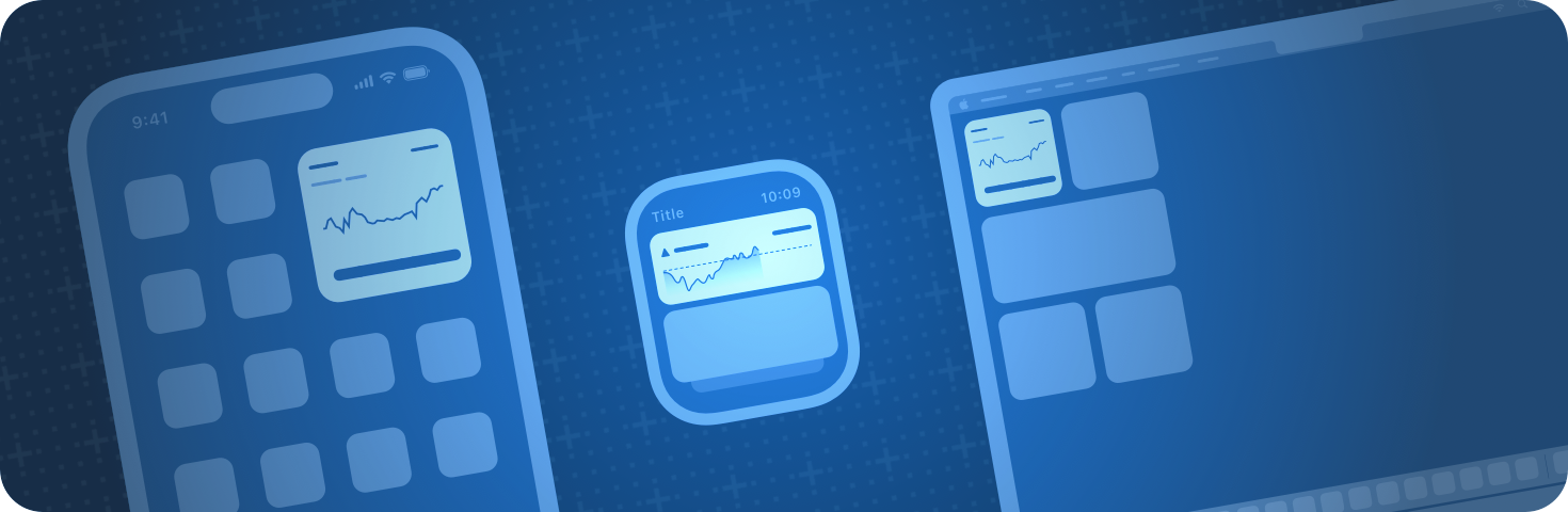 A conceptual image that shows a small widget on iPhone, a rectangular widget on Apple Watch, and a small widget on the Mac desktop.