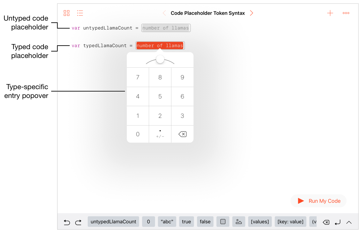 Screenshot showing a 10-digit number entry interface in response to a tapped placeholder token with an Int type.