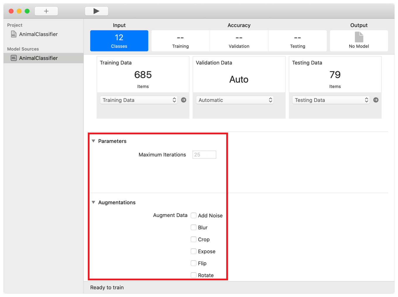 Screenshot of the Create ML app that highlights the training Parameters and Augmentation sections. The parameters section has one setting named "maximum iterations" which is set to 25. The augmentations section has 6 checkboxes (which are all unselected) named: "Add Noise", "Blur", "Crop", "Expose", "Flip", and "Rotate".